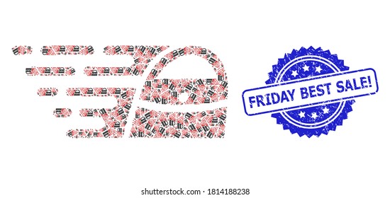 Friday Best Sale! unclean stamp seal and vector recursion mosaic shopping bag. Blue stamp seal includes Friday Best Sale! text inside rosette.