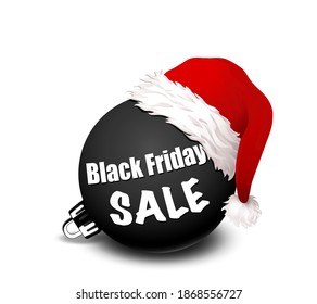 „Black Friday Sale“ black Christmas tree ball with Santa hat,
Christmas offers advertising,
Vector illustration isolated on white background
