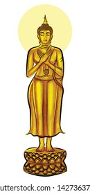 The Friday Buddha image is standing with both arms crossed over the chest with the right hand covering the left.