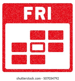 Friday Calendar Grid grainy textured icon for overlay watermark stamps. Flat symbol with dust texture. Dotted vector red ink rubber seal stamp with grunge design on a white background.