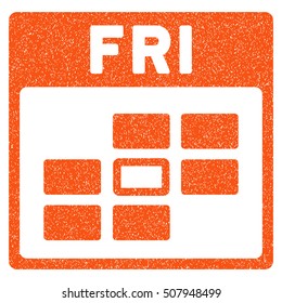 Friday Calendar Grid grainy textured icon for overlay watermark stamps. Flat symbol with scratched texture. Dotted vector orange ink rubber seal stamp with grunge design on a white background.