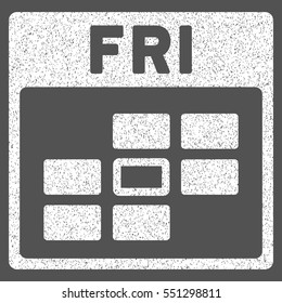 Friday Calendar Grid grainy textured icon for overlay watermark stamps. Flat symbol with scratched texture. Dotted vector white ink rubber seal stamp with grunge design on a gray background.