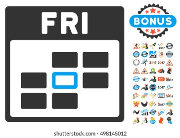 Friday Calendar Grid icon with bonus calendar and time management pictograph collection. Vector illustration style is flat iconic symbols, blue and gray colors, white background.