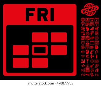 Friday Calendar Grid icon with bonus calendar and time management images. Vector illustration style is flat iconic symbols, red, black background.