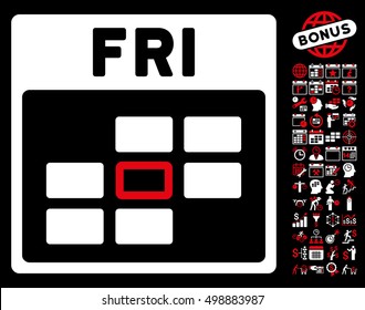 Friday Calendar Grid icon with bonus calendar and time management pictograph collection. Vector illustration style is flat iconic symbols, red and white, black background.