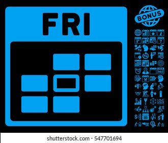 Friday Calendar Grid icon with bonus calendar and time management pictograph collection. Vector illustration style is flat iconic symbols, blue, black background.