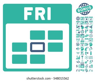 Friday Calendar Grid icon with bonus calendar and time management graphic icons. Vector illustration style is flat iconic symbols, cobalt and cyan, white background.