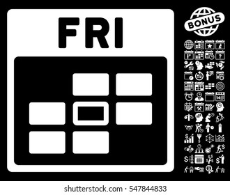 Friday Calendar Grid pictograph with bonus calendar and time management icon set. Vector illustration style is flat iconic symbols, white, black background.