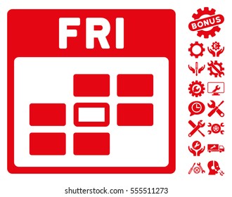 Friday Calendar Grid pictograph with bonus options graphic icons. Vector illustration style is flat iconic symbols, red, white background.