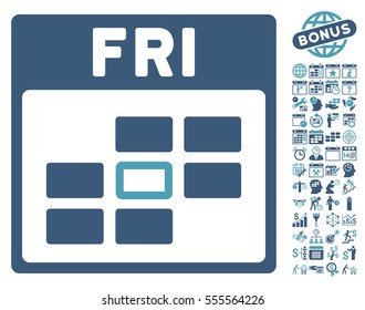 Friday Calendar Grid pictograph with bonus calendar and time management images. Vector illustration style is flat iconic symbols, cyan and blue, white background.