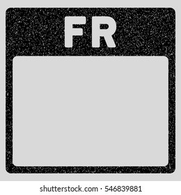 Friday Calendar Page grainy textured icon for overlay watermark stamps. Flat symbol with dust texture. Dotted vector black ink rubber seal stamp with grunge design on a light gray background.