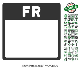 Friday Calendar Page icon with bonus calendar and time management pictogram. Vector illustration style is flat iconic bicolor symbols, green and gray colors, white background.