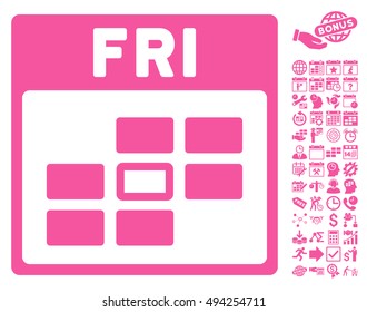 Friday Calendar Page icon with bonus calendar and time management design elements. Vector illustration style is flat iconic symbols, pink color, white background.