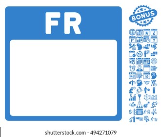 Friday Calendar Page icon with bonus calendar and time management images. Vector illustration style is flat iconic symbols, cobalt color, white background.
