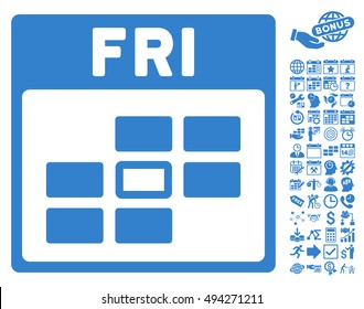 Friday Calendar Page icon with bonus calendar and time management pictures. Vector illustration style is flat iconic symbols, cobalt color, white background.