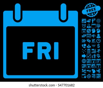 Friday Calendar Page icon with bonus calendar and time management icon set. Vector illustration style is flat iconic symbols, blue, black background.