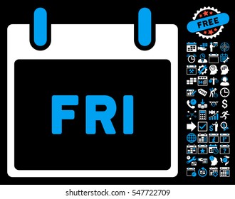 Friday Calendar Page icon with bonus calendar and time management graphic icons. Vector illustration style is flat iconic symbols, blue and white, black background.