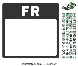 Friday Calendar Page icon with bonus calendar and time management design elements. Vector illustration style is flat iconic symbols, green and gray, white background.