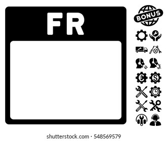 Friday Calendar Page icon with bonus setup tools design elements. Vector illustration style is flat iconic symbols, black, white background.