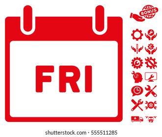 Friday Calendar Page icon with bonus setup tools pictograph collection. Vector illustration style is flat iconic symbols, red, white background.