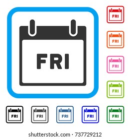 Friday Calendar Page icon. Flat grey pictogram symbol inside a light blue rounded rectangle. Black, gray, green, blue, red, orange color additional versions of Friday Calendar Page vector.