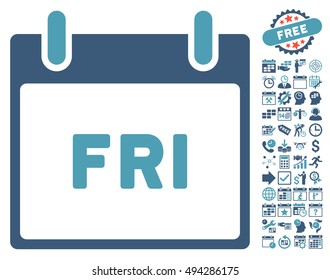 Friday Calendar Page pictograph with bonus calendar and time management graphic icons. Vector illustration style is flat iconic bicolor symbols, cyan and blue colors, white background.