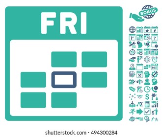 Friday Calendar Page pictograph with bonus calendar and time management symbols. Vector illustration style is flat iconic bicolor symbols, cobalt and cyan colors, white background.