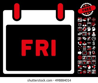 Friday Calendar Page pictograph with bonus calendar and time management images. Vector illustration style is flat iconic symbols, red and white, black background.