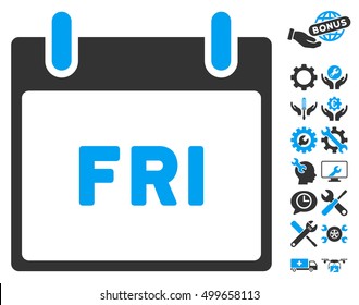 Friday Calendar Page pictograph with bonus service clip art. Vector illustration style is flat iconic symbols, blue and gray, white background.