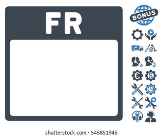 Friday Calendar Page pictograph with bonus configuration symbols. Vector illustration style is flat iconic symbols, smooth blue, white background.