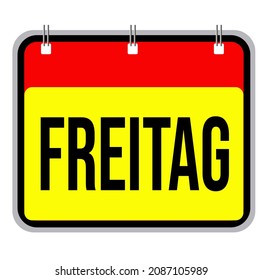 Friday, Freitag, Calendar with the day written in german, realistic vector icon in the colors of the flag of germany on a white background. 