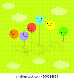 Friday is happy day, 3 d rendering typographywith colorful balloons are blowing in the cloud sky.