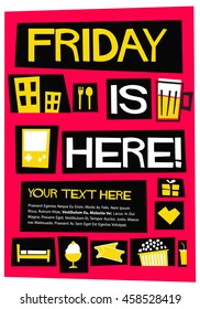 Friday is here! (Flat Style Vector Illustration Weekend Quote Poster Design) With Text Box