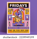 Friday live music party show or concert poster or flyer design template with retro styled walking cartoon guitar character and cartoon graphic elements in bright colors. Vector illustration
