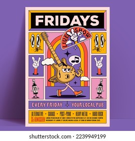 Friday live music party show or concert poster or flyer design template with retro styled walking cartoon guitar character and cartoon graphic elements in bright colors. Vector illustration - Shutterstock ID 2239949199