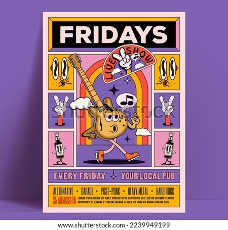 Friday live music party show or concert poster or flyer design template with retro styled walking cartoon guitar character and cartoon graphic elements in bright colors. Vector illustration