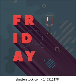 Friday. Modern abstract vector banner. Flat geometric shapes of different colors in memphis design style. Square template ready for use in web or print design