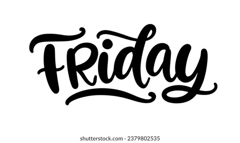 Friday modern hand written brush lettering, isolated on white background. Ink calligraphy. Day of the week. Tee shirt print, typography card, poster design. Vector illustration.