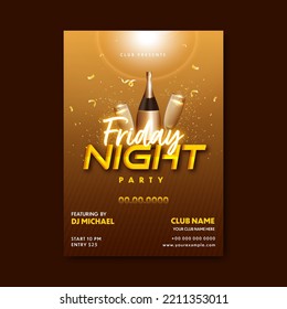 Friday Night Party Flyer Design With Champagne Bottle, Flute Glass And Light Effect.