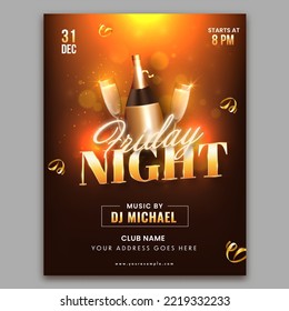 Friday Night Party Flyer Design With Champagne Bottle, Flute Glass On Brown Bokeh Light Effect Background.