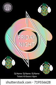 Friday Night party poster template with geometric objects.Music DJ disco dance event poster.Pop art vintage Memphis style.Low poly pineapples with headphones.Trendy banner.Vector illustration.