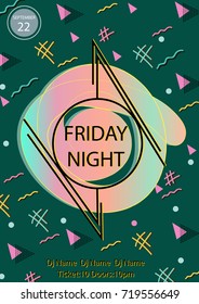 Friday Night party poster template with geometric colorful objects.Music DJ disco dance event poster.Pop art vintage Memphis style.Trendy banner.Vector illustration.