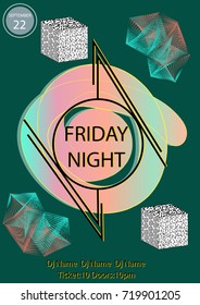 Friday Night party poster template with geometric colorful objects.Music DJ disco dance event poster.Pop art vintage Memphis style.Trendy party banner.Vector illustration.