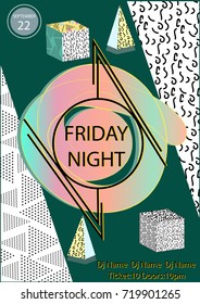 Friday Night party poster template with geometric colorful triangles and squares.Music DJ disco dance concert event poster.Pop art vintage Memphis style.Trendy party banner.Vector illustration.