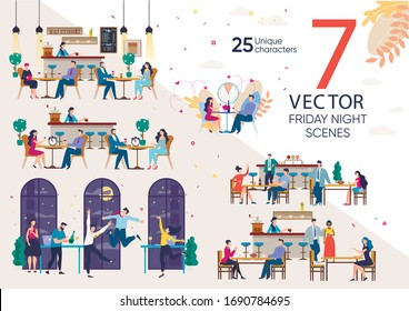 Friday Night, Work Week End, Employees and Office Workers Leisure, Business Partners Meeting in Cafe, Corporate Party Scenes Trendy Flat Vectors Set. People Resting in Restaurant or Bar Illustration