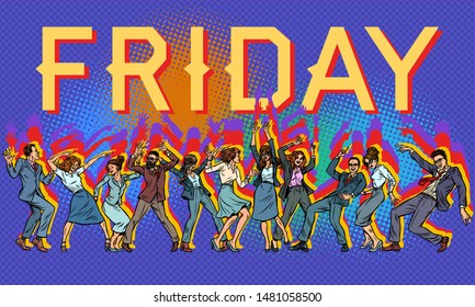 Friday at the office. dancing businessmen and businesswomen. Pop art retro vector illustration drawing