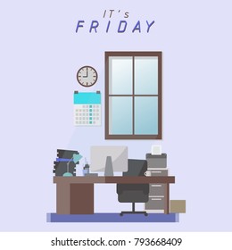 it's Friday office interior room,flat design,light tone,cute cartoon vector illustration,design graphic,blue theme