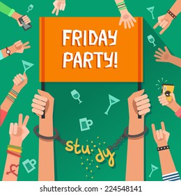 Friday party after studying. Student breaking the chain made of the "Study" word with a lot of hands of young people on background. Colorful vector illustration in flat style