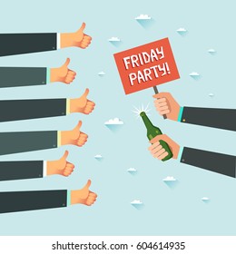 Friday party. A lot of hands of business people showing thumbs up hand sign. Millennial's office fun evening concept. Have A Great Weekend.