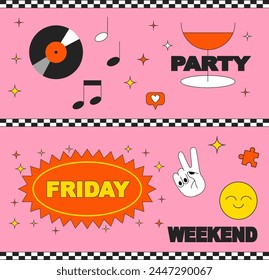 Friday party. Retro vintage styled concert or festival or party flyer or poster design template. Retro party poster. Vector illustration with typography elements
